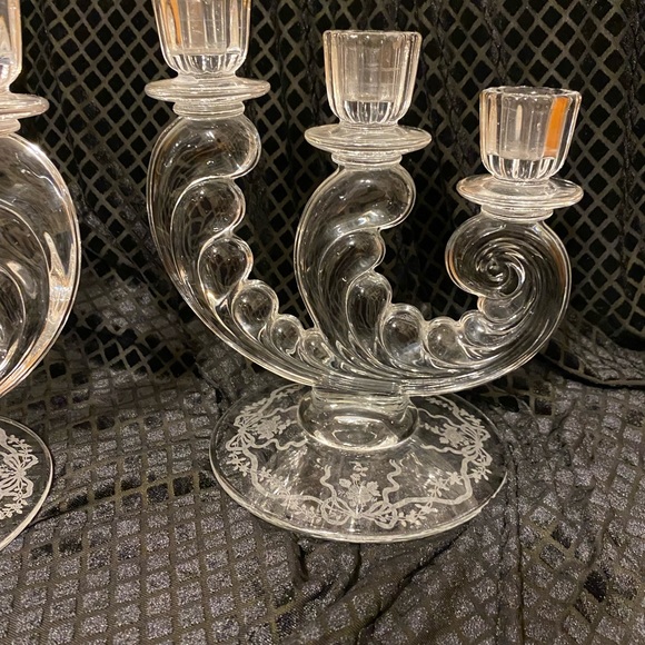 depression Glass Fostoria Romance Plume three candle holders Floral etching - Picture 3 of 5